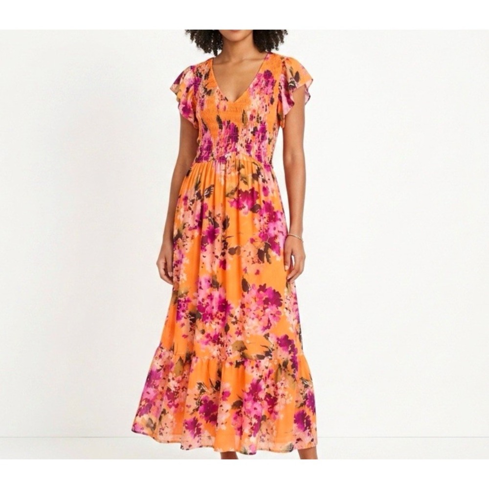 MAISON TARA Orange Floral Maxi Dress sz 12 Flutter Sleeve Feminine Cottagecore